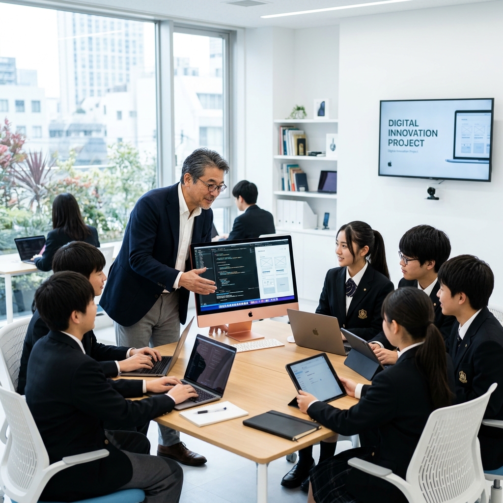 A teacher guiding students in a modern classroom